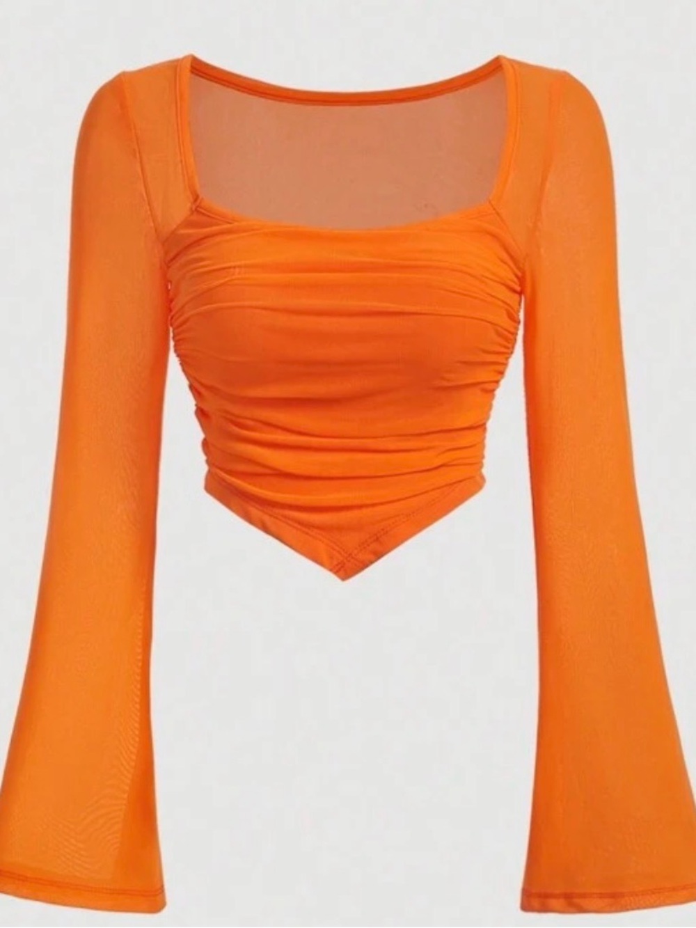 EUC | Medium SHEIN Neon Orange Long-Sleeve Ruched Mesh Top